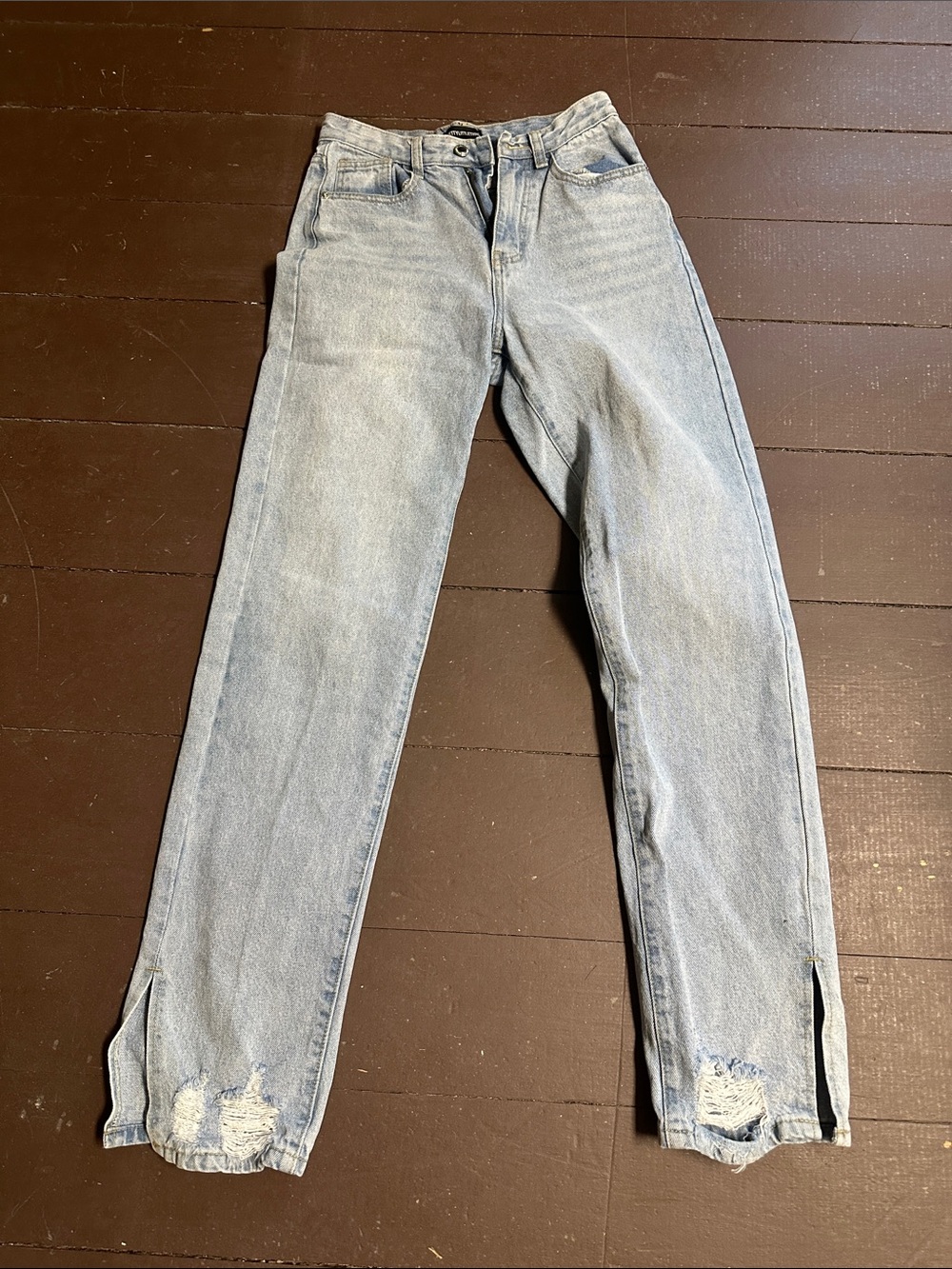 PrettyLittleThing Light Blue Straight Leg Jeans with Ankle Slits-UK 8